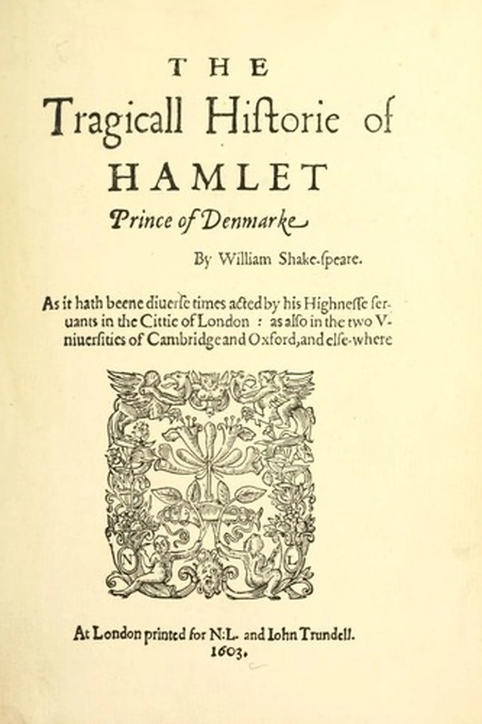 Book cover: Hamlet by William Shakespeare (1603)